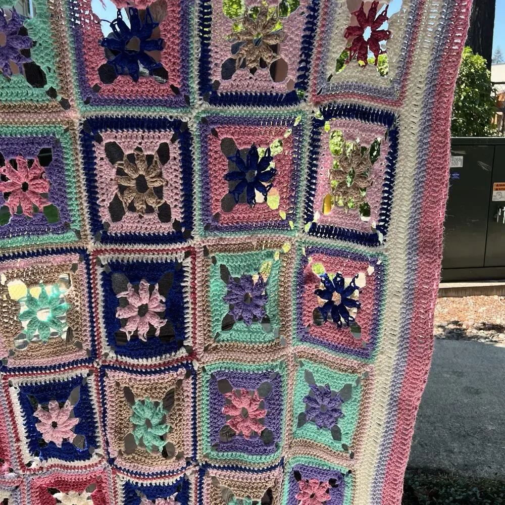 Vintage Granny Square Afghan Blanket Pink Mint Purple Mauve Blue Loose Knit